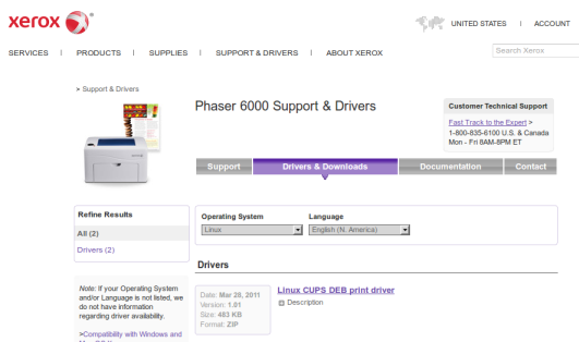 Xerox page des drivers pour Phaser 6000